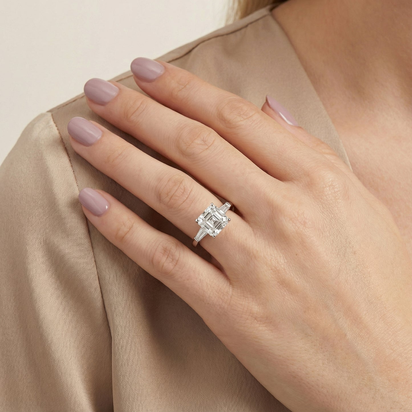 Asscher Cut Lab Grown Diamond Solitaire Engagement Ring in Silver with Hidden Detail