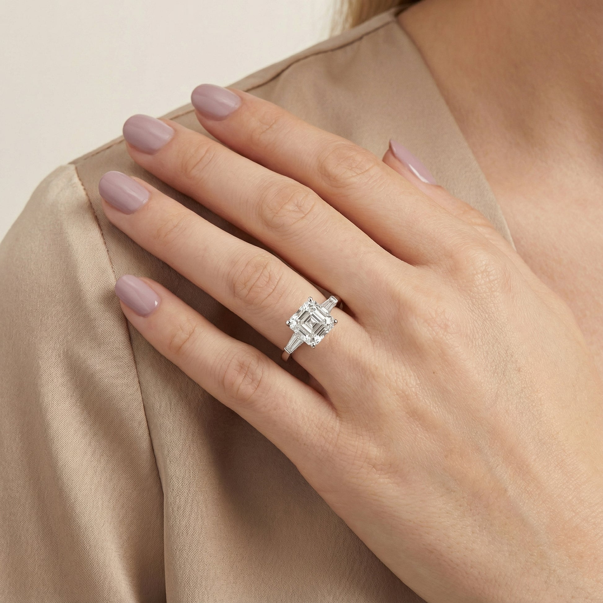 Asscher Cut Lab Grown Diamond Solitaire Engagement Ring in Silver with Hidden Detail