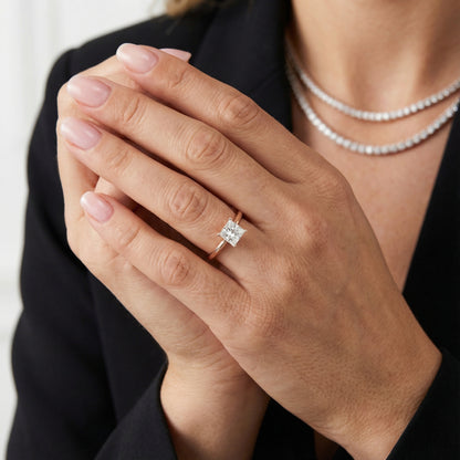 Princess Cut Lab Grown Diamond Solitaire Engagement Ring in Rose Gold showing side profile filigree.