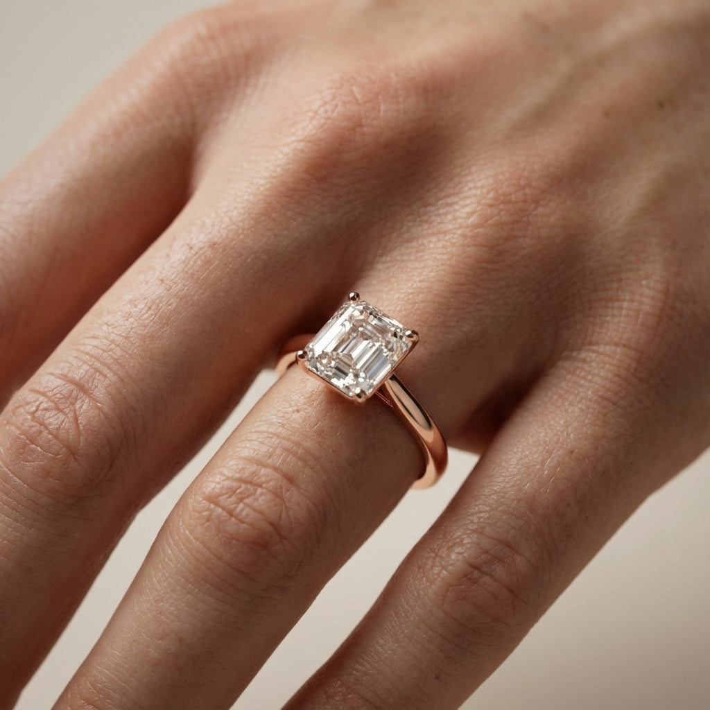 Rose Gold Asscher Cut Lab Grown Diamond Solitaire Engagement Ring showing side profile