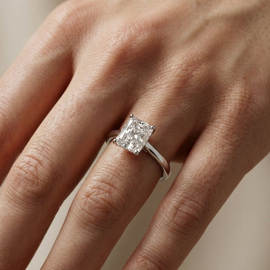 Radiant Cut Lab Grown Diamond Solitaire Engagement Ring in Platinum showing hidden gallery