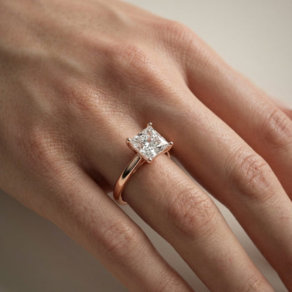 Princess Cut Lab Grown Diamond Solitaire Engagement Ring in Rose Gold showing side profile filigree.