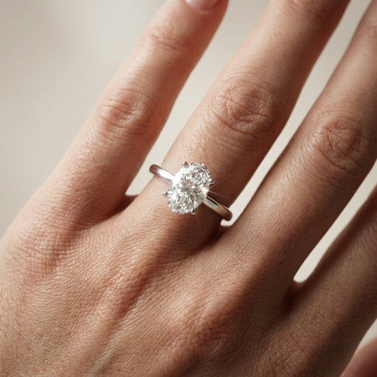 Oval Cut Lab Grown Diamond Solitaire Engagement Ring in White Gold showing hidden side profile detail