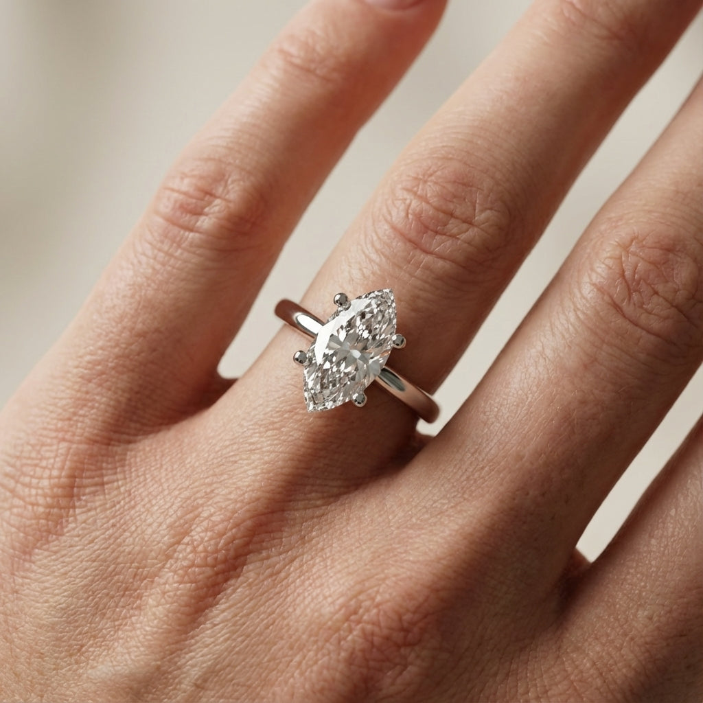 Marquise Cut Lab Grown Diamond Solitaire Engagement Ring in Silver showing hidden gallery detail.