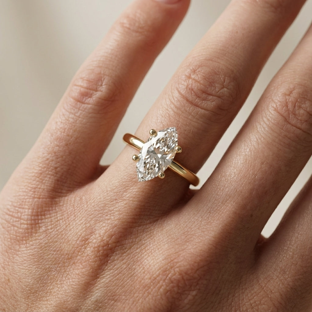 Yellow Gold Marquise Cut Lab Grown Diamond Solitaire Engagement Ring showing hidden details.