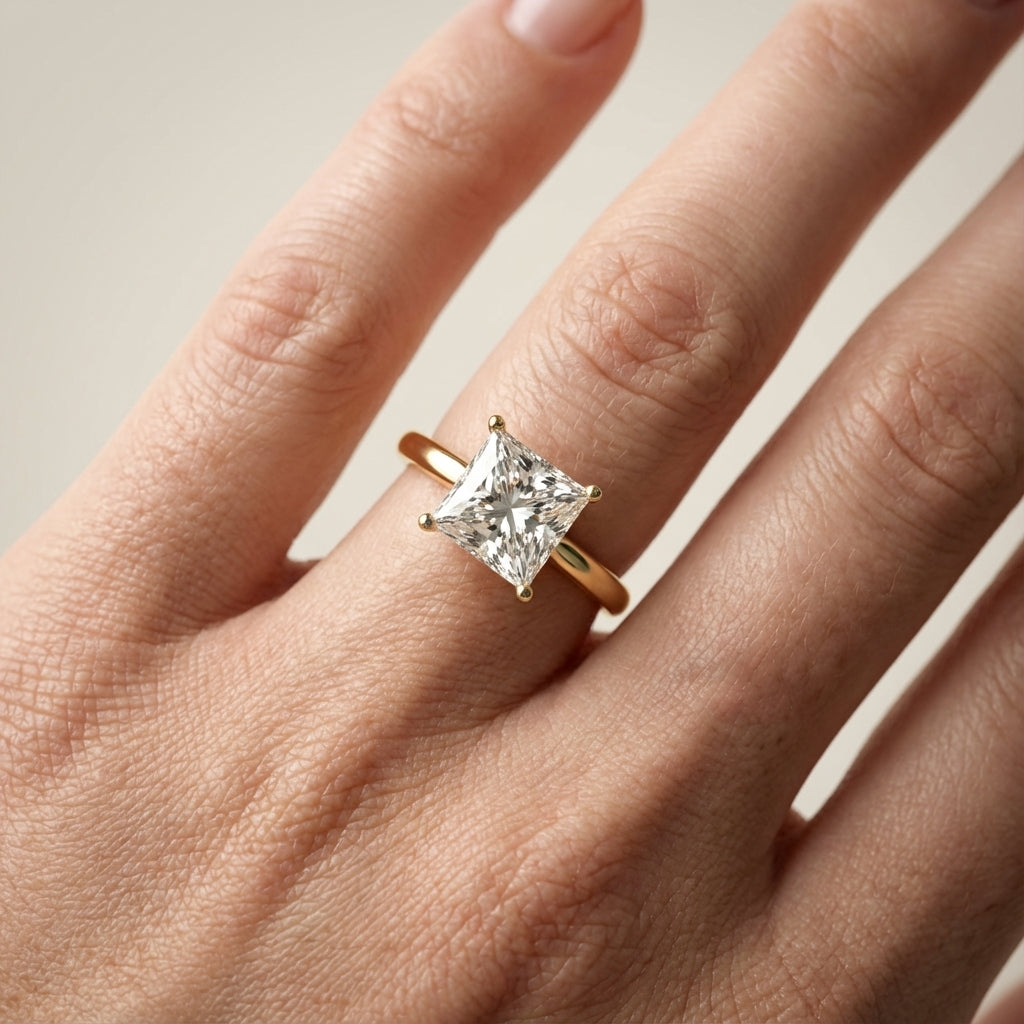 Princess Cut Lab Grown Diamond Solitaire Engagement Ring in traditional Yellow Gold.