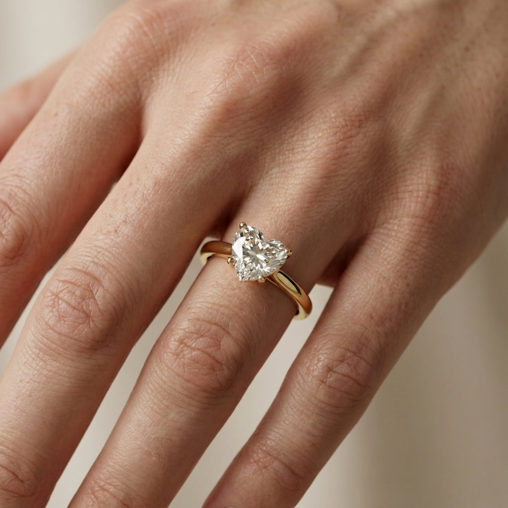 Heart Cut Lab Grown Diamond Solitaire Engagement Ring in Yellow Gold with Hidden Filigree