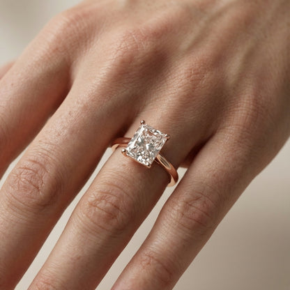 Radiant Cut Lab Grown Diamond Solitaire Engagement Ring in Rose Gold showing side profile