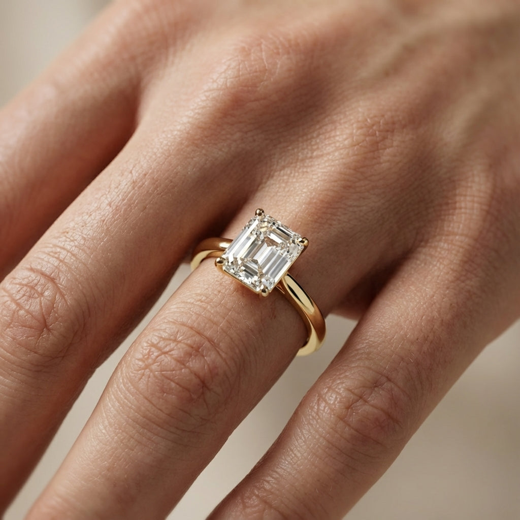 Asscher Cut Lab Grown Diamond Solitaire Engagement Ring set in Yellow Gold