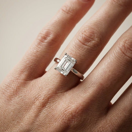 Emerald Cut Lab Grown Diamond Solitaire Engagement Ring in White Gold with hidden gallery detail