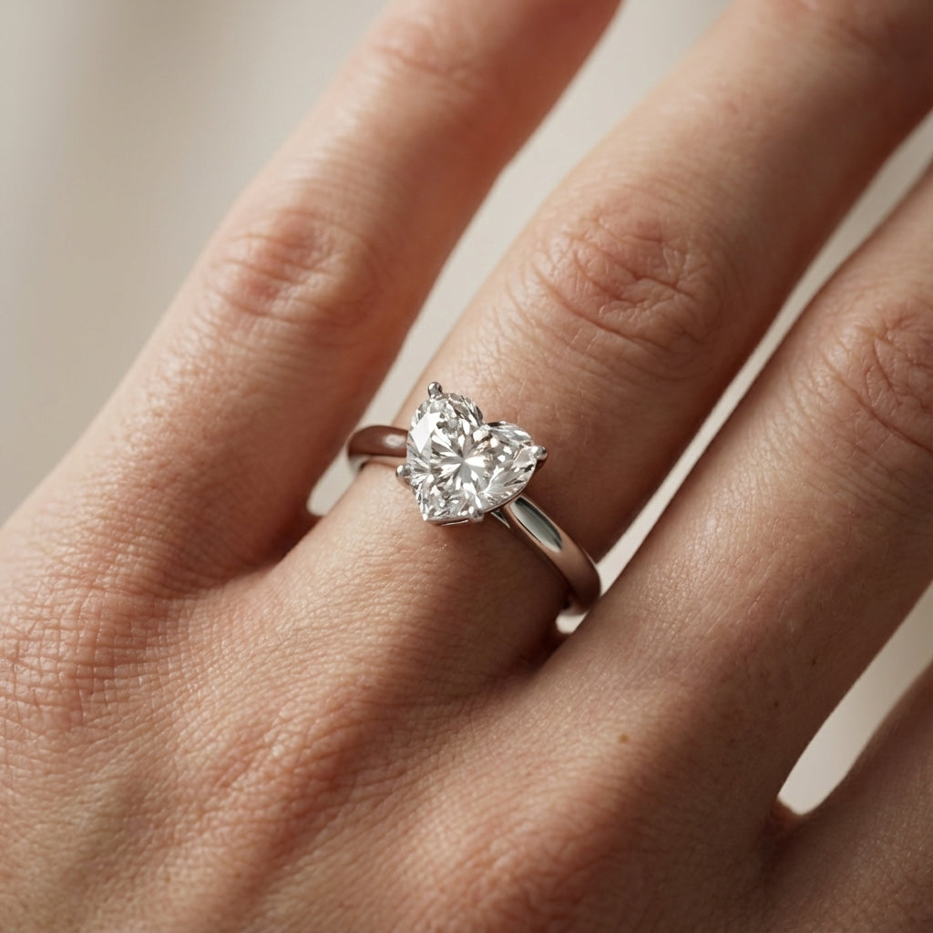 Heart Cut Lab Grown Diamond Solitaire Engagement Ring in Silver with Hidden Details