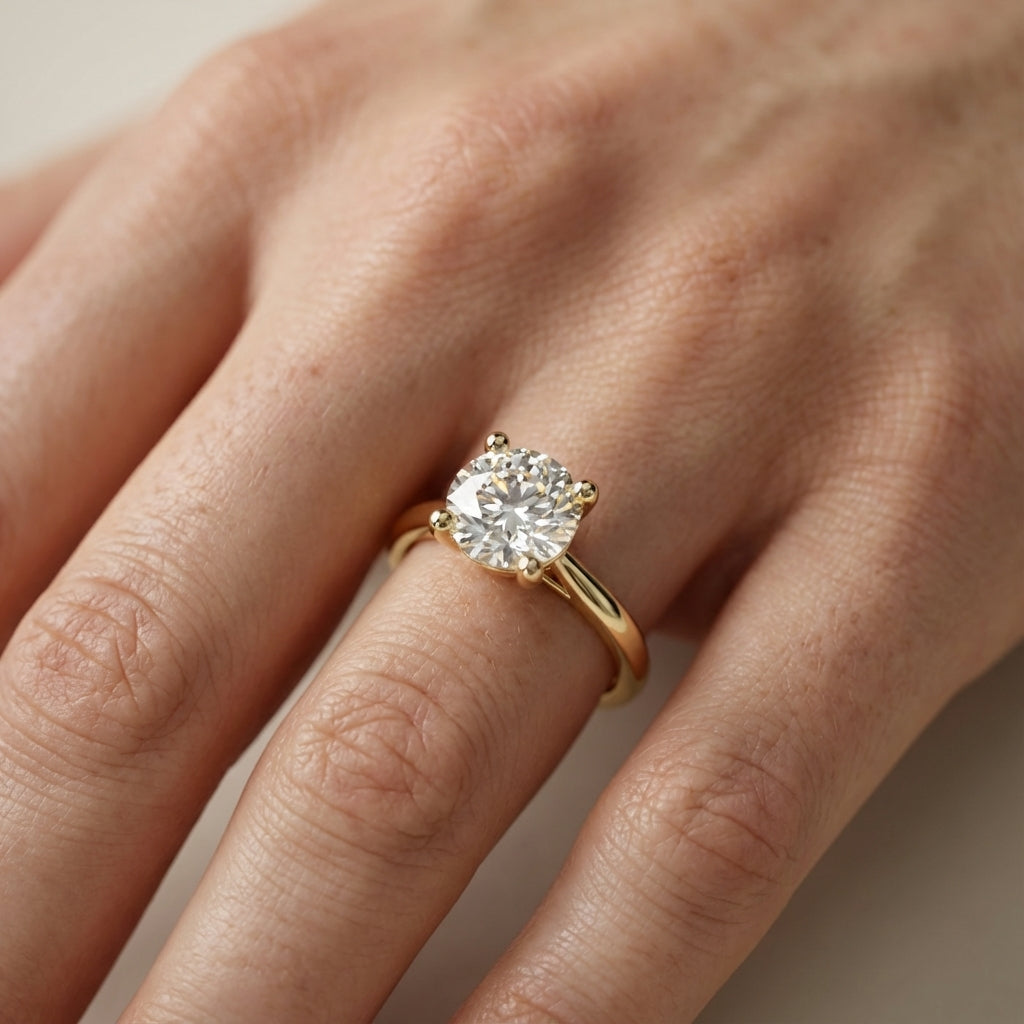 Round Cut Lab Grown Diamond Engagement Ring in Yellow Gold with hidden gallery detail