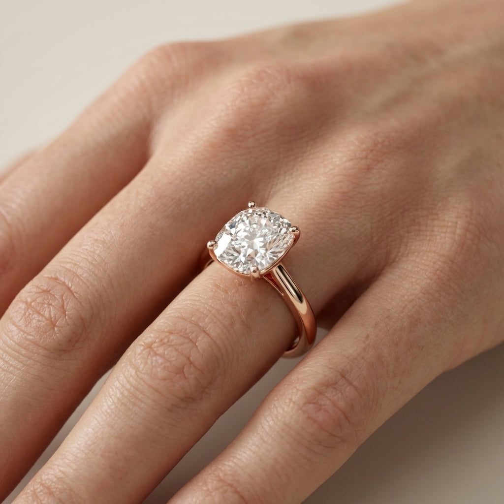 Rose Gold Cushion Cut Lab Grown Diamond Solitaire Engagement Ring with intricate side profile.