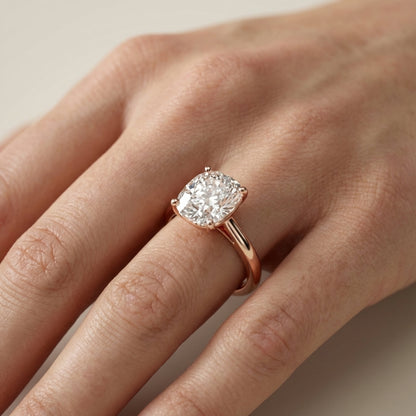 Rose Gold Cushion Cut Lab Grown Diamond Solitaire Engagement Ring with intricate side profile.