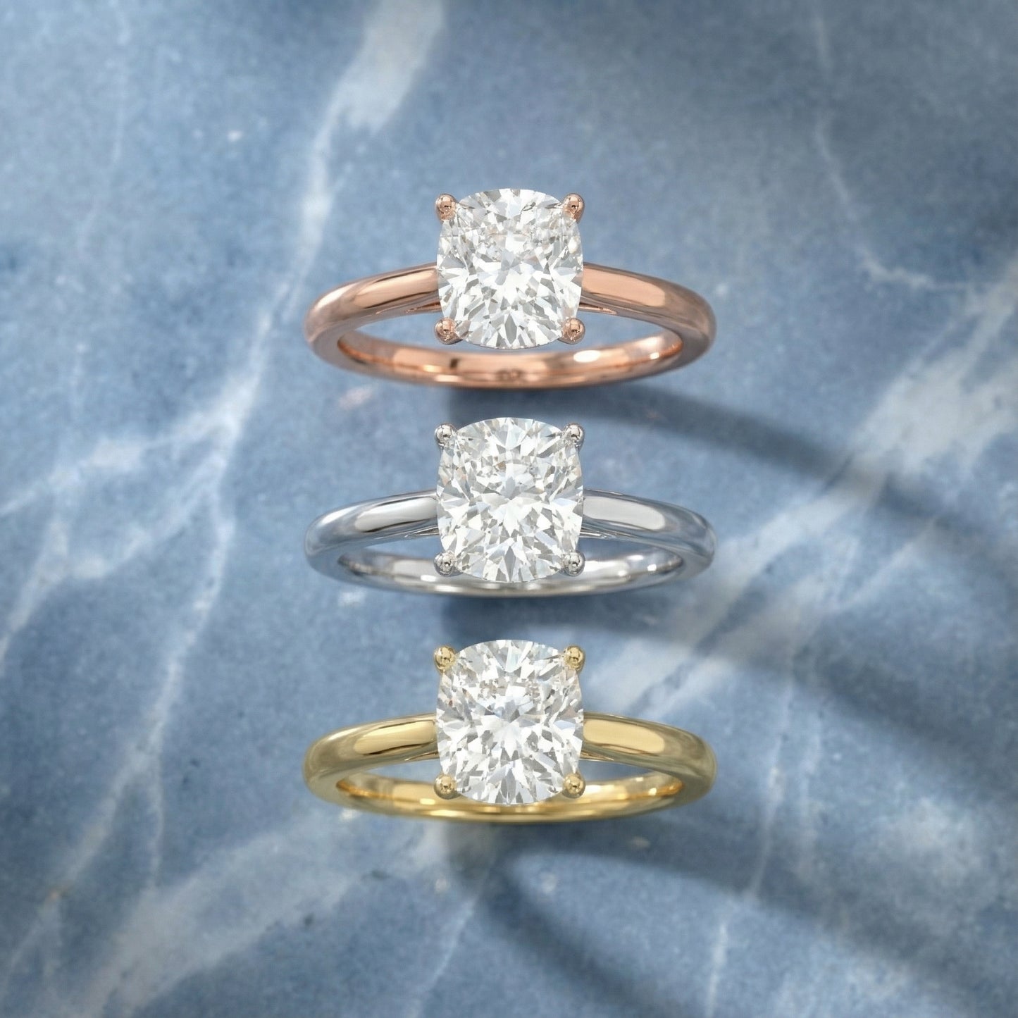 Platinum Cushion Cut Lab Grown Diamond Solitaire Engagement Ring profile view.