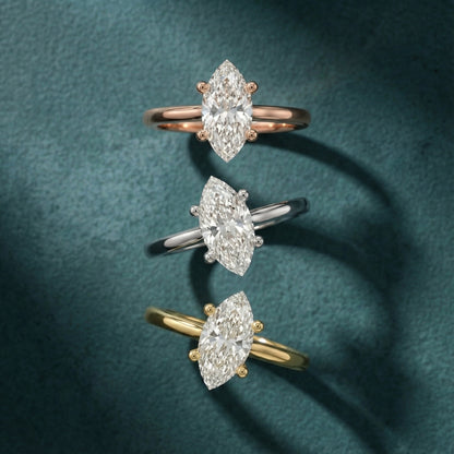 White Gold Marquise Cut Lab Grown Diamond Solitaire Engagement Ring side profile view.