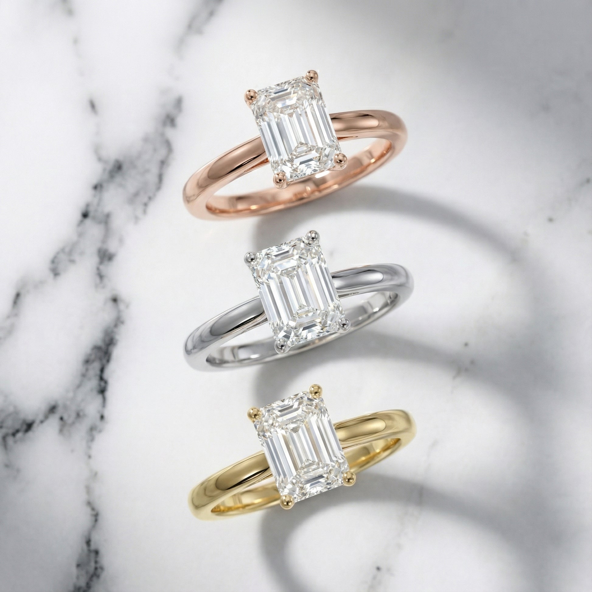 Emerald Cut Lab Grown Diamond Solitaire Engagement Ring in Platinum showing hidden filigree work