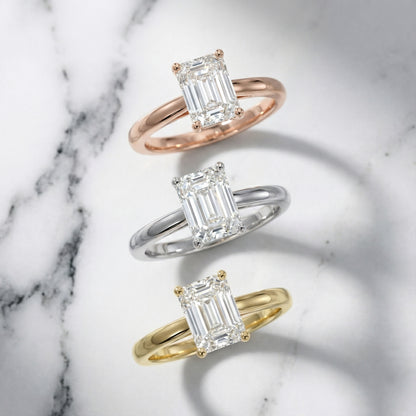 Emerald Cut Lab Grown Diamond Solitaire Engagement Ring in Platinum showing hidden filigree work