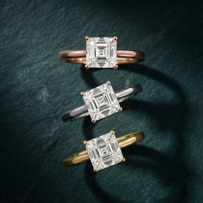 Asscher Cut Lab Grown Diamond Solitaire Engagement Ring set in Yellow Gold