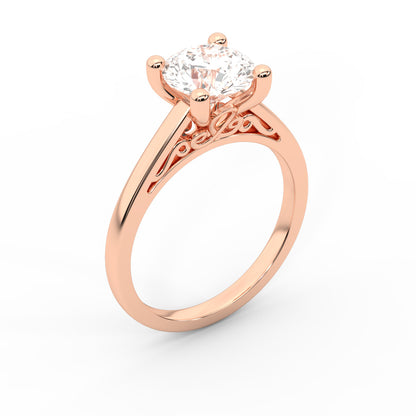 Round Cut Lab Grown Diamond Engagement Ring in Rose Gold showing side profile with hidden detail