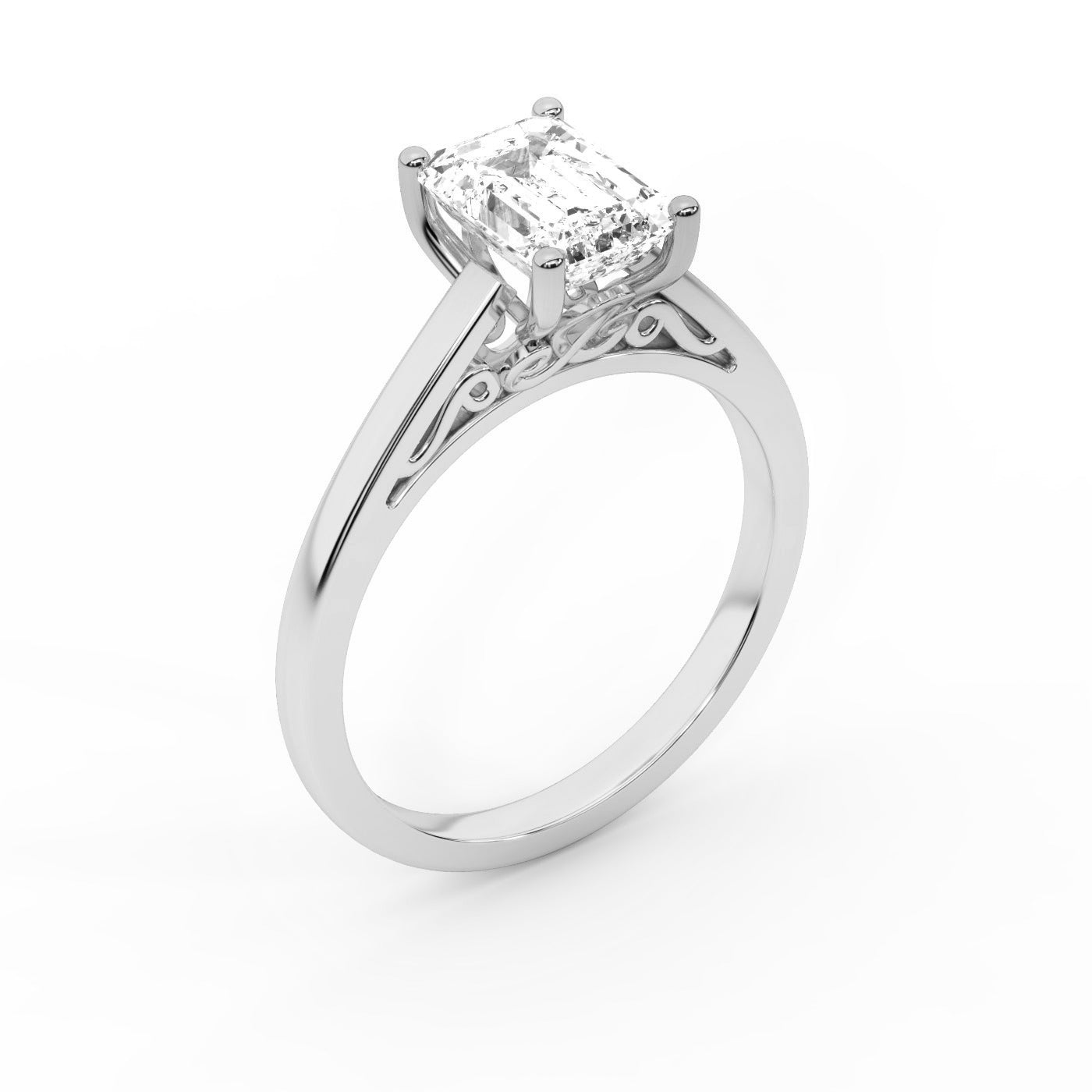 Emerald Cut Lab Grown Diamond Solitaire Engagement Ring in Silver showing hidden scroll detail