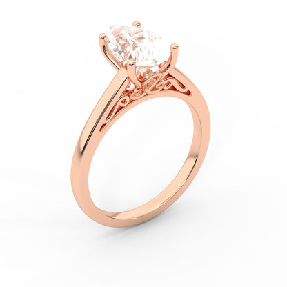 Pear Cut Lab Grown Diamond Solitaire Engagement Ring in Rose Gold showing side profile scrollwork