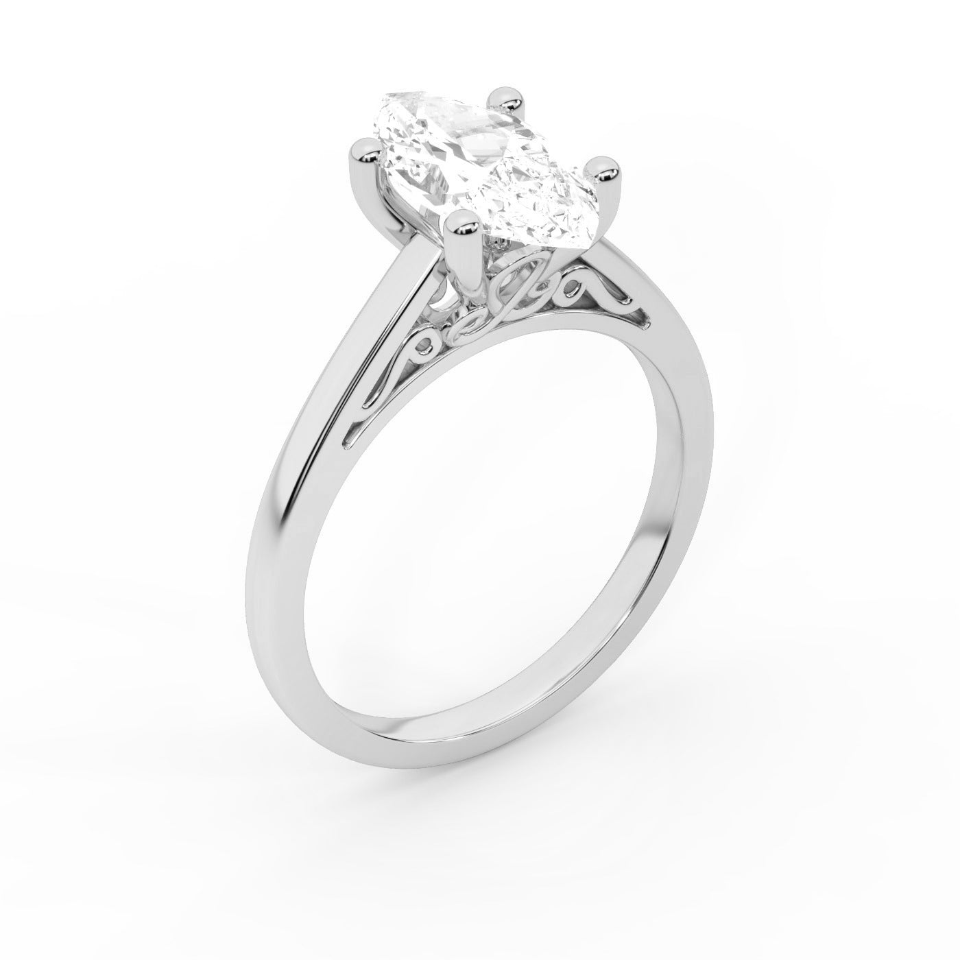 Platinum Marquise Cut Lab Grown Diamond Solitaire Engagement Ring angled view.