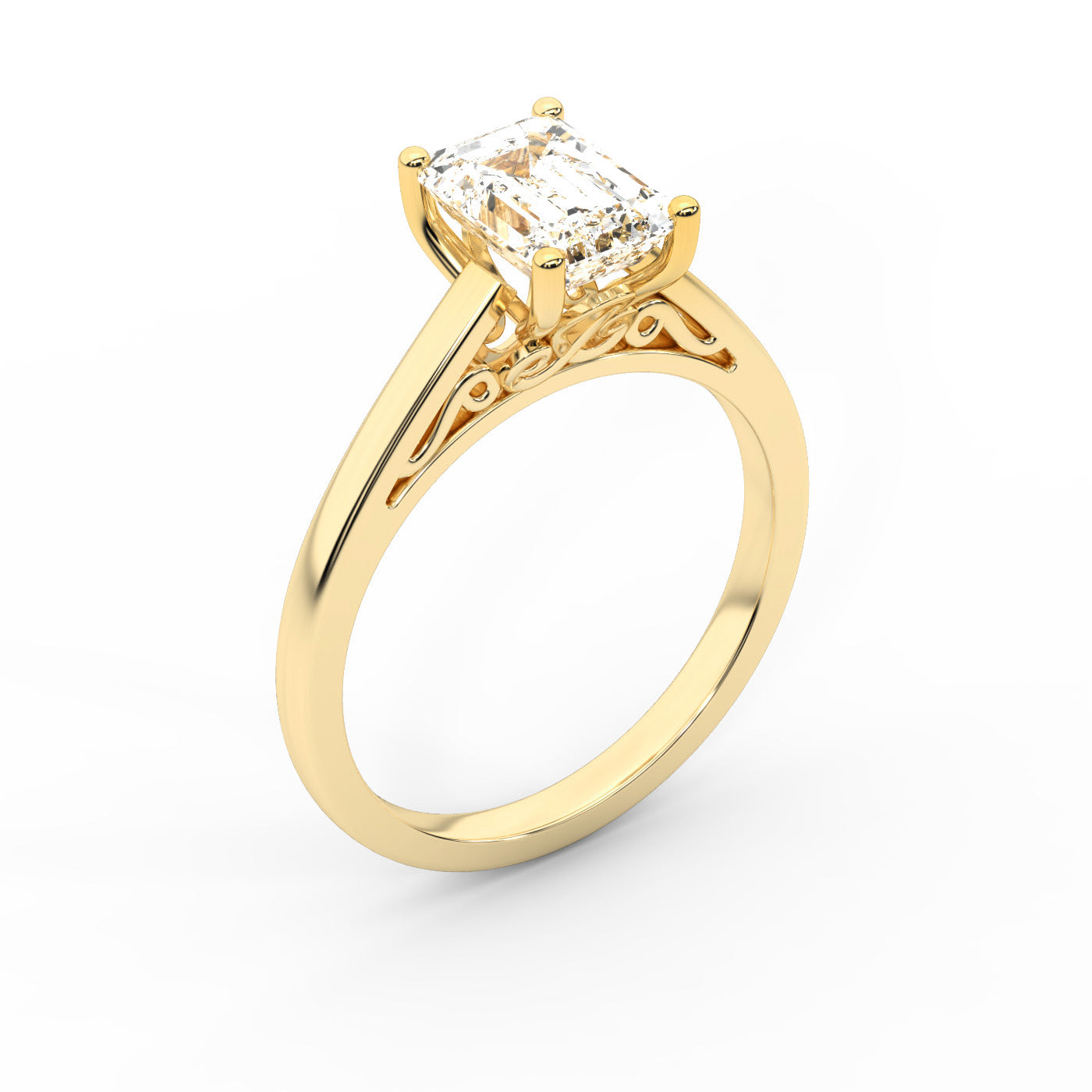 Emerald Cut Lab Grown Diamond Solitaire Engagement Ring in Yellow Gold showing secret under-gallery