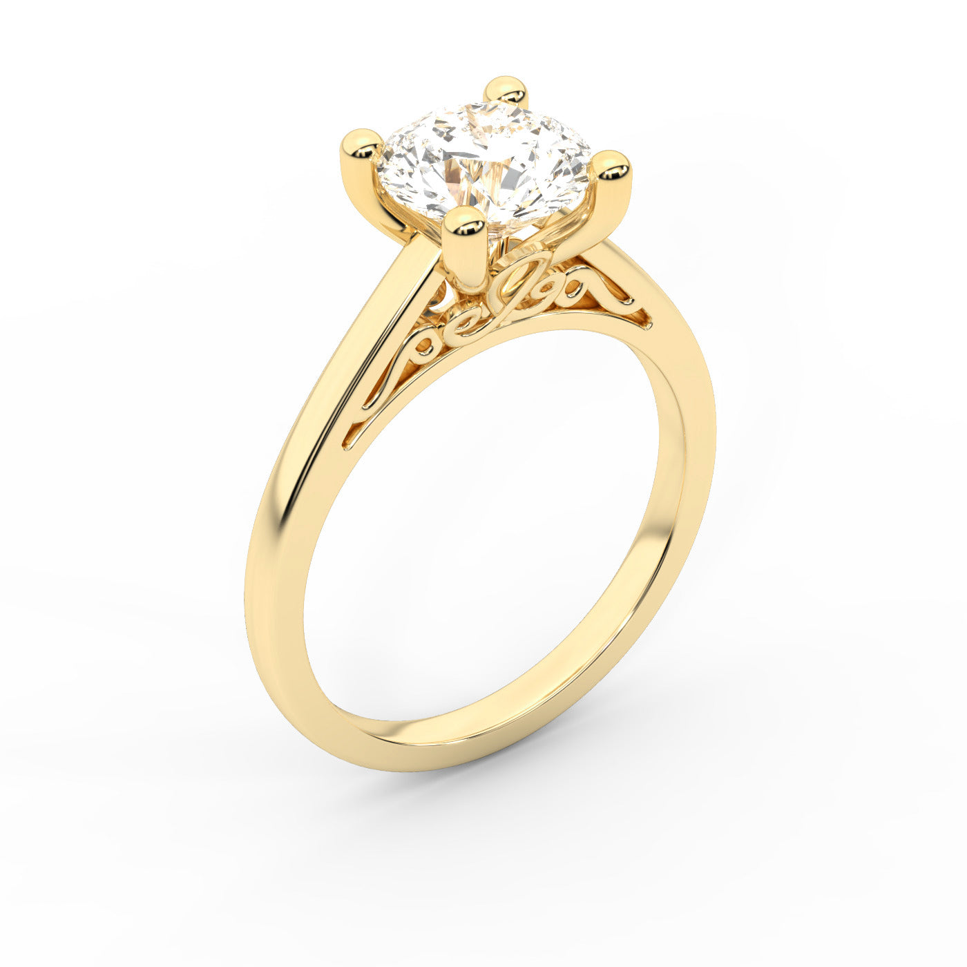 Round Cut Lab Grown Diamond Engagement Ring in Yellow Gold with hidden gallery detail