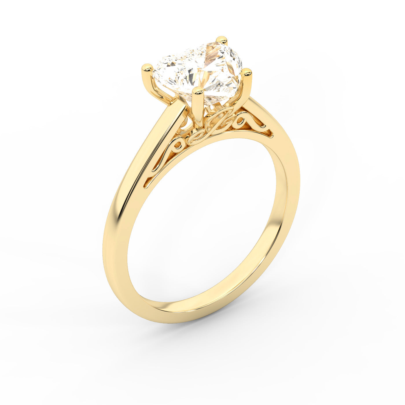 Heart Cut Lab Grown Diamond Solitaire Engagement Ring in Yellow Gold with Hidden Filigree