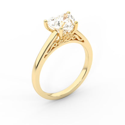 Heart Cut Lab Grown Diamond Solitaire Engagement Ring in Yellow Gold with Hidden Filigree