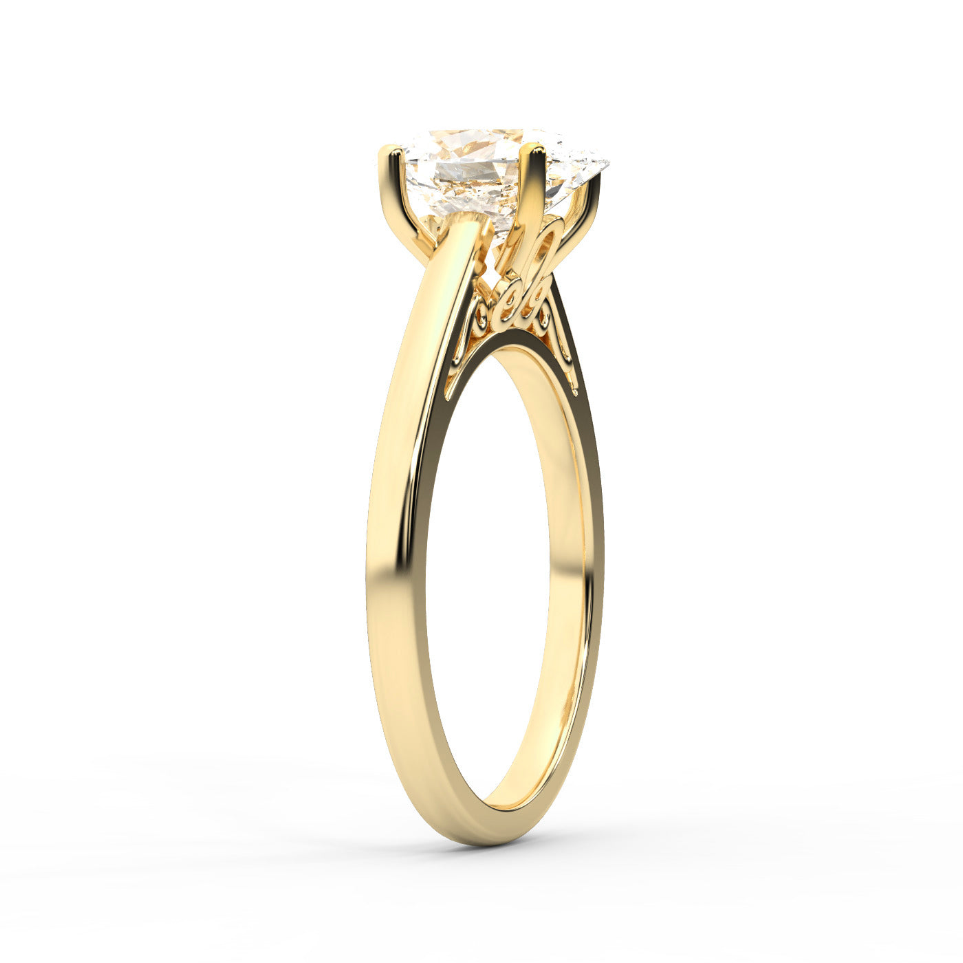 Oval Cut Lab Grown Diamond Solitaire Engagement Ring in Yellow Gold showing hidden side profile detail