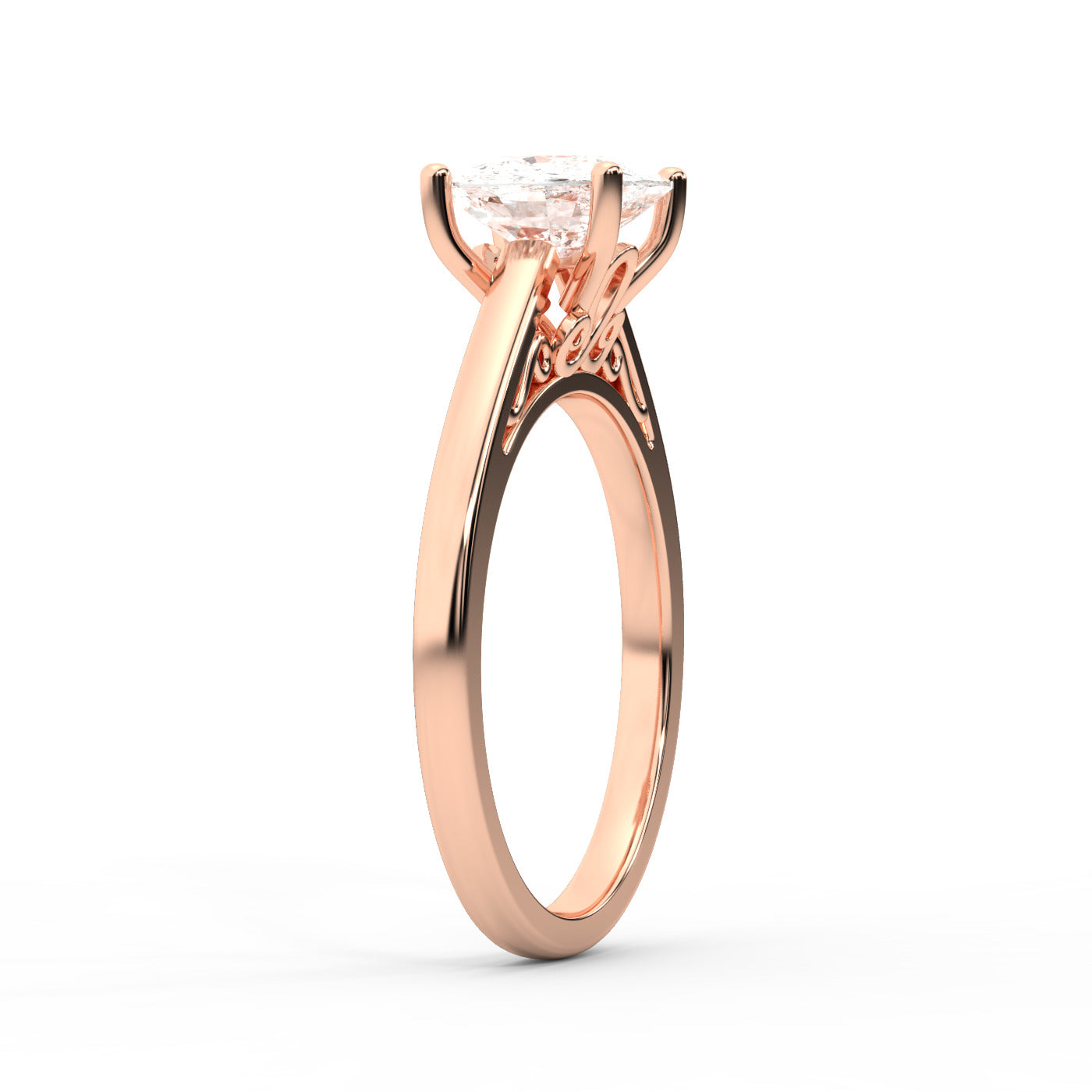 Rose Gold Cushion Cut Lab Grown Diamond Solitaire Engagement Ring with intricate side profile.