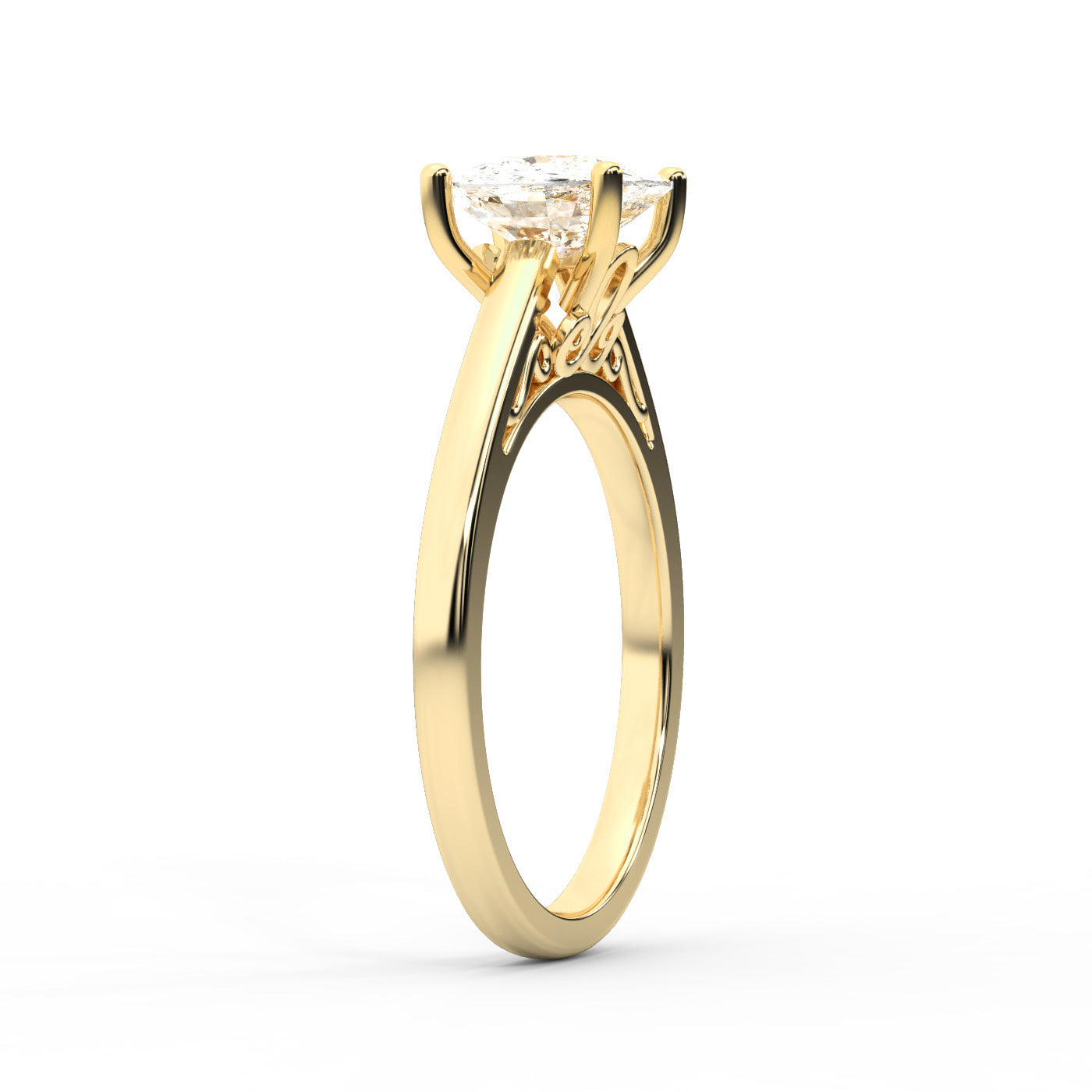 Yellow Gold Cushion Cut Lab Grown Diamond Solitaire Engagement Ring showing detailed gallery.