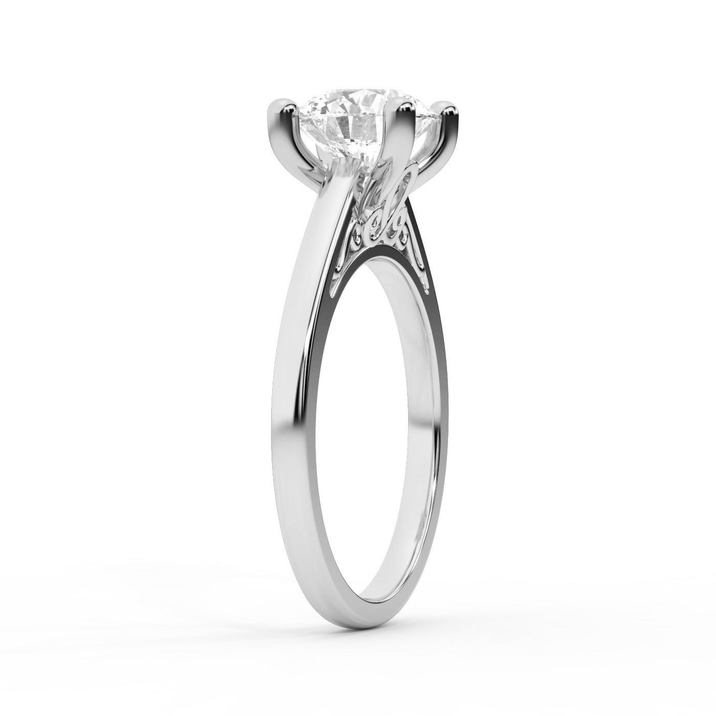 Round Cut Lab Grown Diamond Engagement Ring in Silver with hidden scroll detail