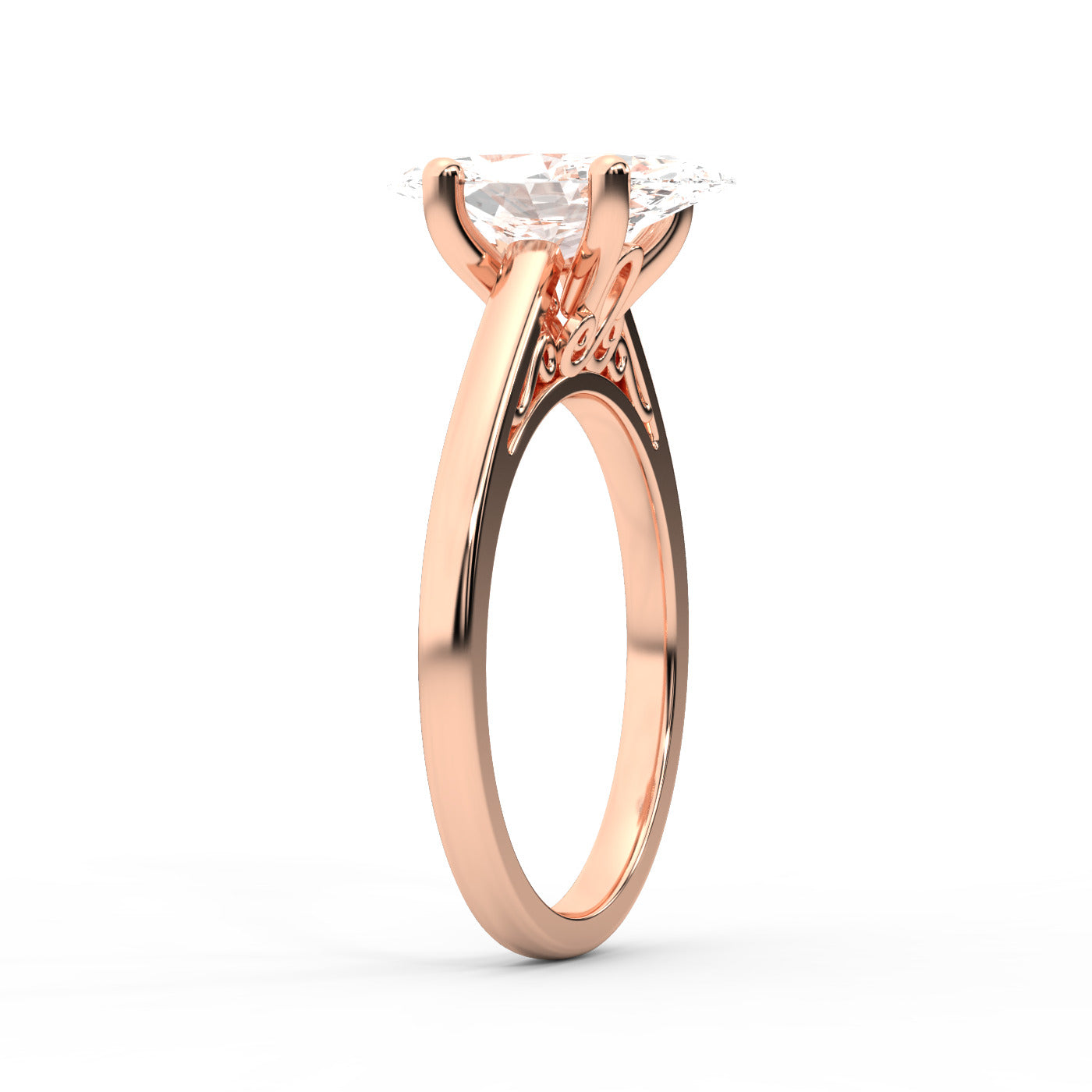 Rose Gold Marquise Cut Lab Grown Diamond Solitaire Engagement Ring with hidden scrollwork underneath.