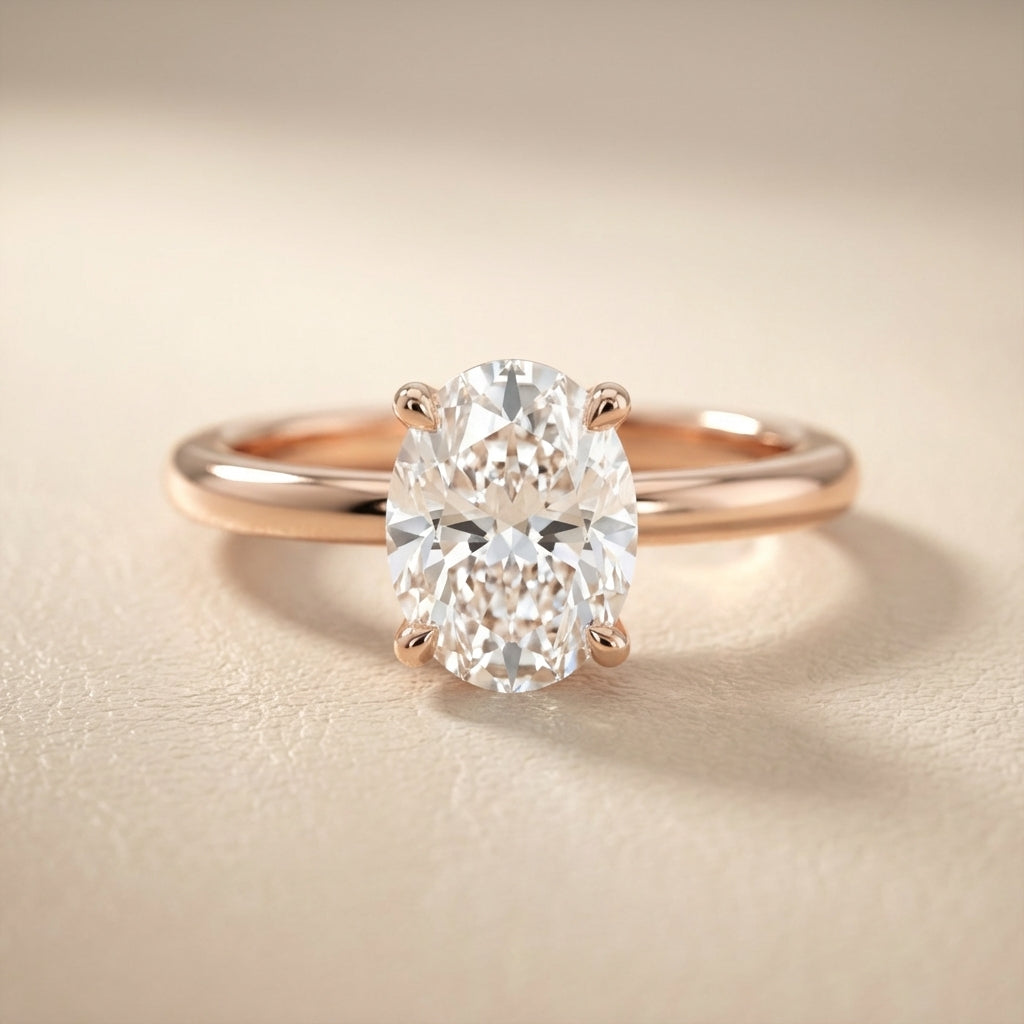 Oval Cut Lab Grown Diamond Engagement Ring in Rose Gold with chevron under-bezel detail