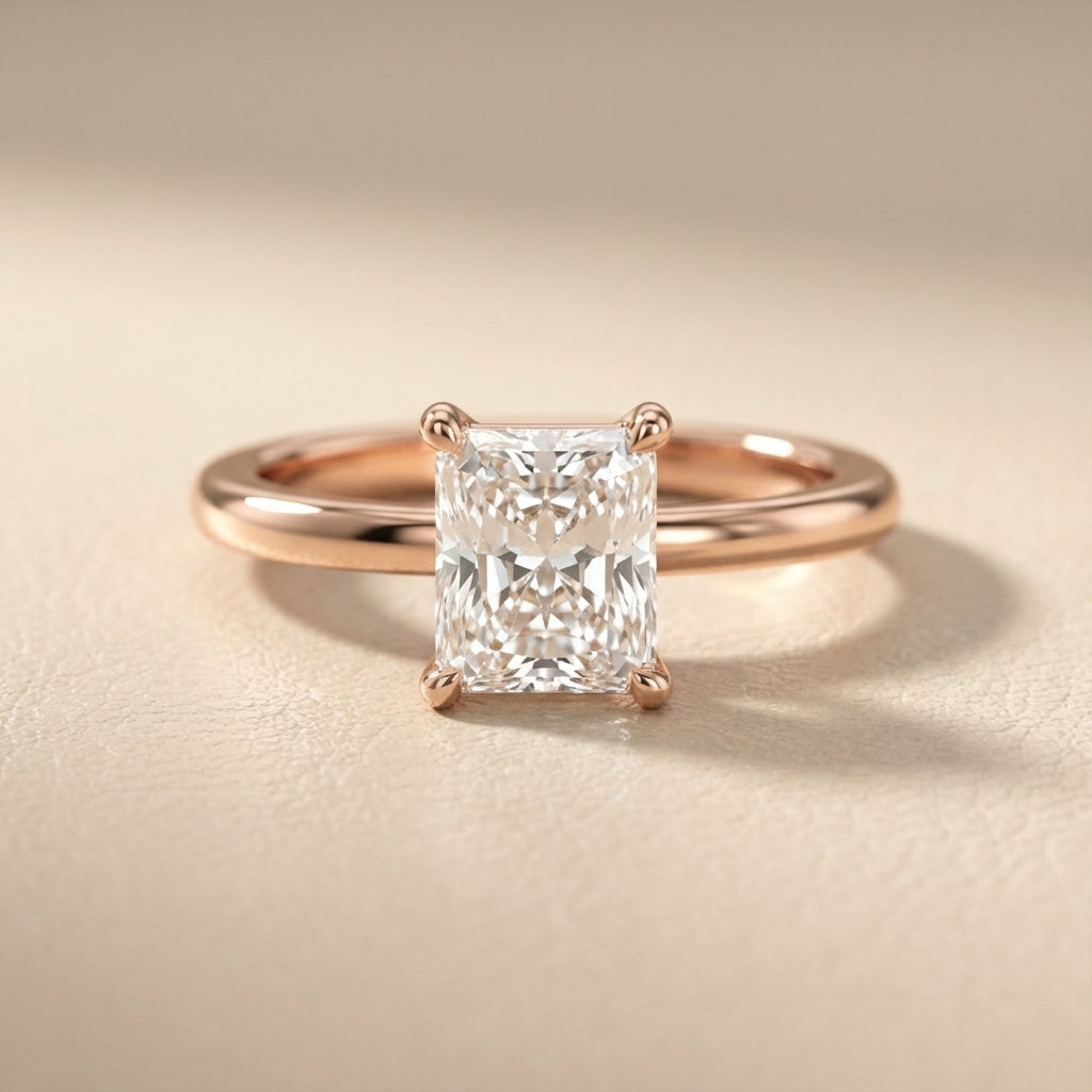 Radiant Cut Lab Grown Diamond Solitaire Engagement Ring in Warm Rose Gold