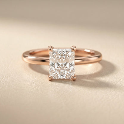 Radiant Cut Lab Grown Diamond Solitaire Engagement Ring in Warm Rose Gold