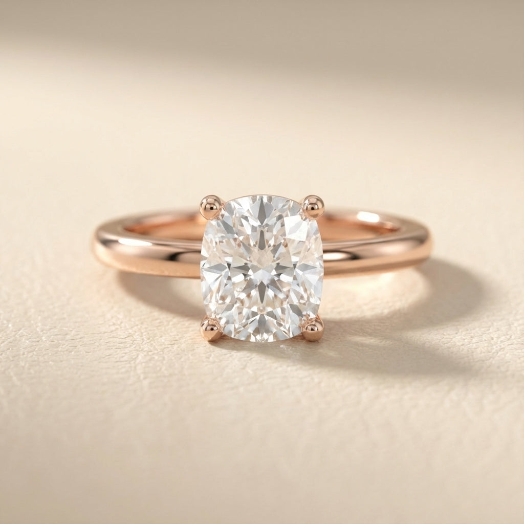 Rose Gold Cushion Cut Lab Grown Diamond Solitaire Engagement Ring showing side profile