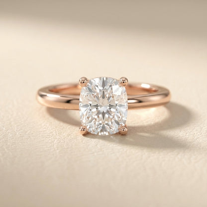 Rose Gold Cushion Cut Lab Grown Diamond Solitaire Engagement Ring showing side profile