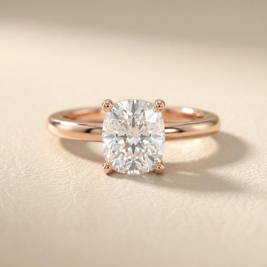 Rose Gold Cushion Cut Lab Grown Diamond Solitaire Engagement Ring showing side profile