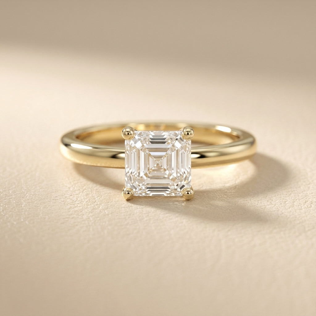 Asscher Cut Lab Grown Diamond Solitaire Engagement Ring in Yellow Gold