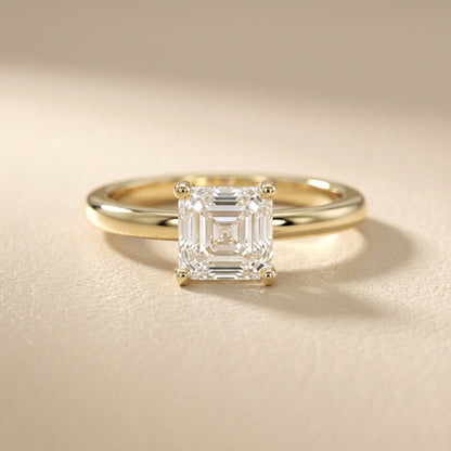 Asscher Cut Lab Grown Diamond Solitaire Engagement Ring in Yellow Gold