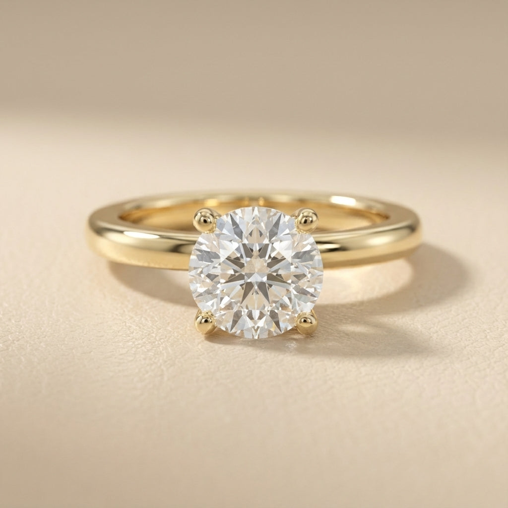 Round Cut Lab Grown Diamond Chevron Solitaire Engagement Ring in Yellow Gold