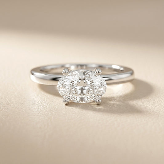 Oval Cut Lab Grown Diamond Engagement Ring in Platinum with chevron under-bezel detail