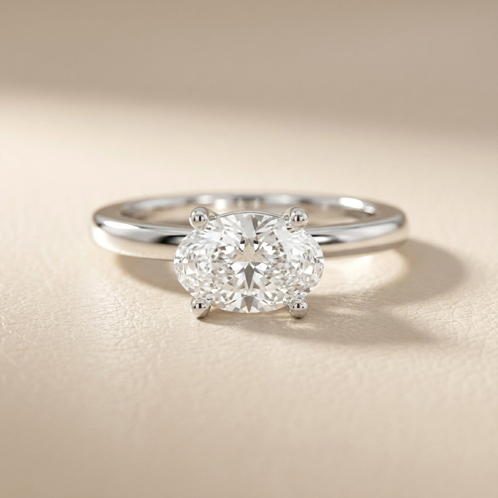 Oval Cut Lab Grown Diamond Engagement Ring in Silver with chevron under-bezel detail