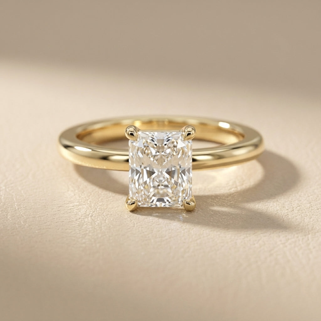 Radiant Cut Lab Grown Diamond Solitaire Engagement Ring in Rich Yellow Gold