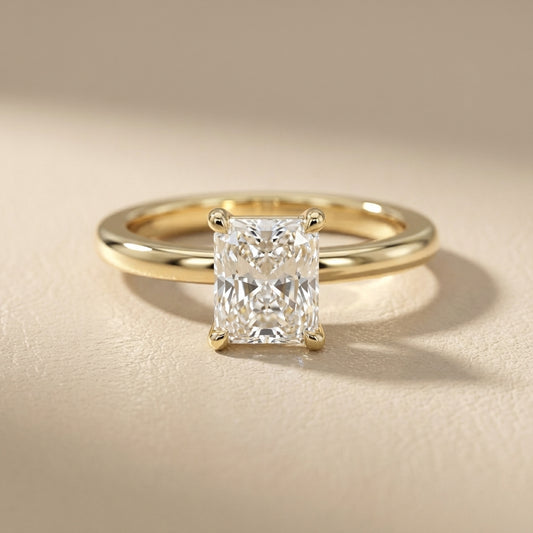 Radiant Cut Lab Grown Diamond Solitaire Engagement Ring in Rich Yellow Gold