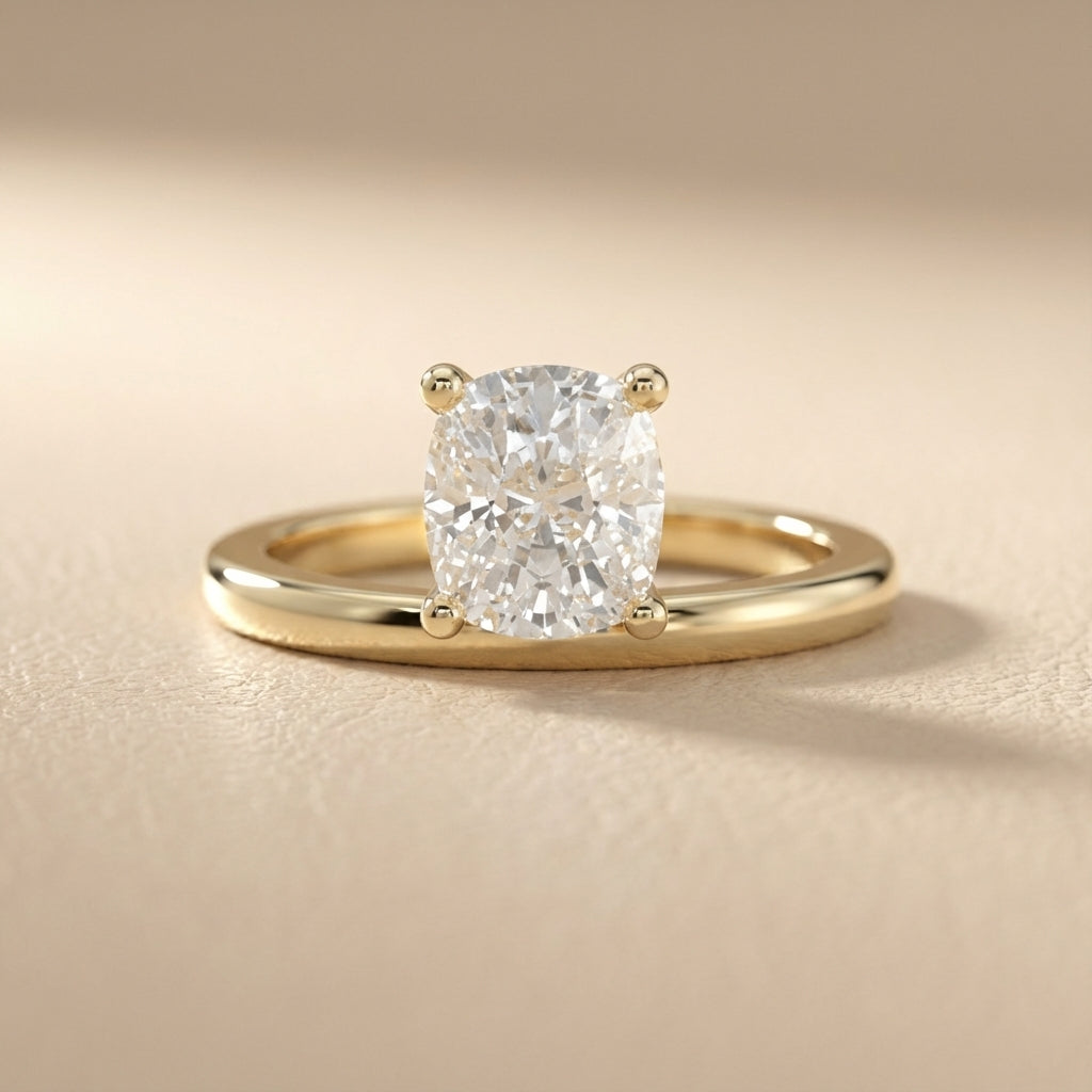 Yellow Gold Cushion Cut Lab Grown Diamond Solitaire Engagement Ring with claw prongs